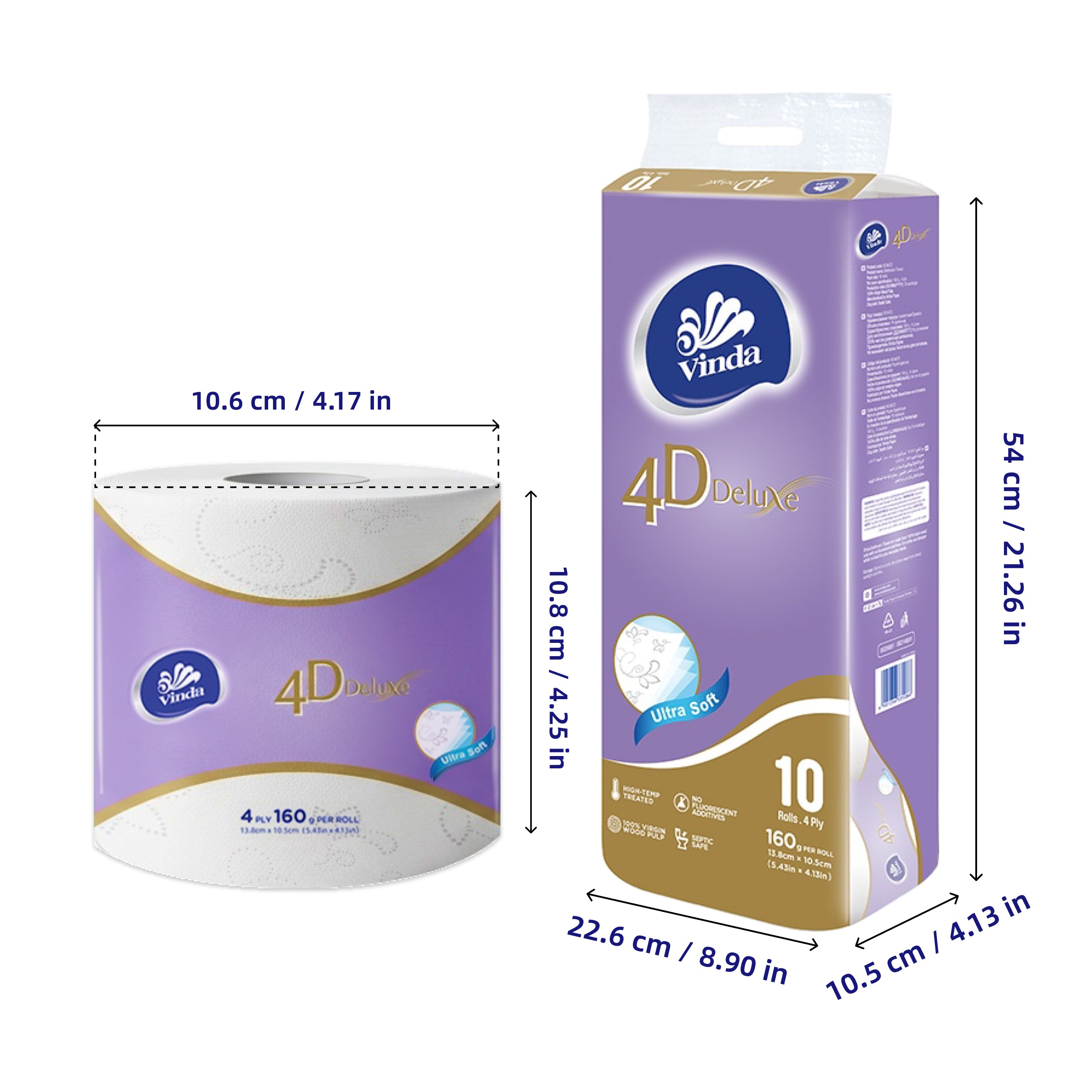 VINDA 4D Deluxe 4-Ply Ultra Soft Toilet Paper, 100% Virgin Wood Pulp Toilet Paper, Soft & Strong, No Lint Shedding, Septic Safe Bath Tissue for Home Bathroom, 10 Rolls Pack