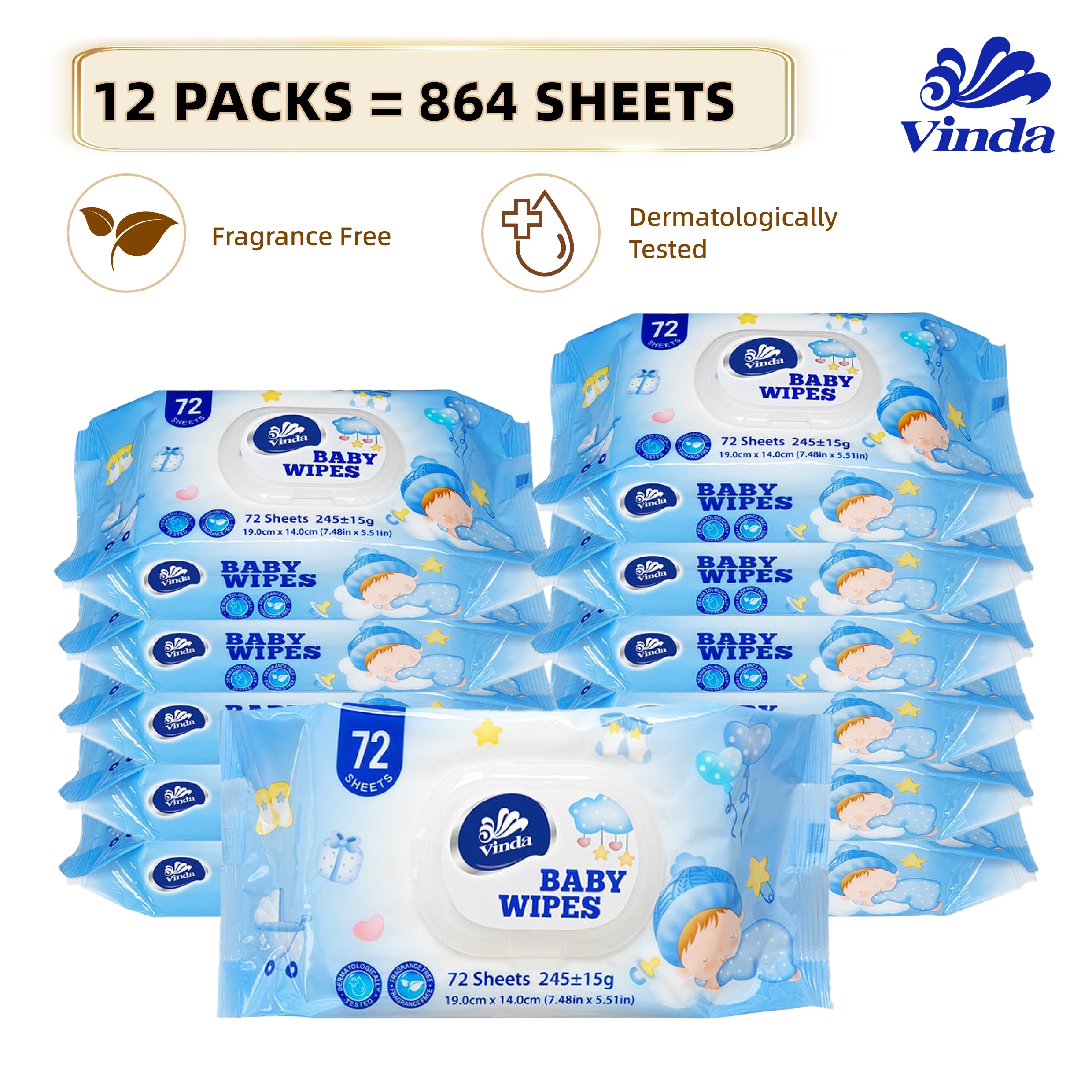 Vinda Fragrance Free Newborn Infant Baby Wipes 864 Count Soft Gentle Wet Wipes（12 PACKS), Non-Woven Diaper & Face Cleaning Wipes Travel Pack