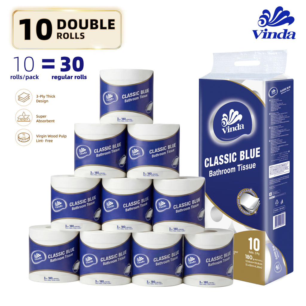 Vinda Classic Blue 3-Ply Bathroom Tissue, 100% Virgin Wood Pulp Toilet Paper, Soft & Strong, No Lint Shedding, Septic Safe, 180g/Roll, 10 Rolls Pack