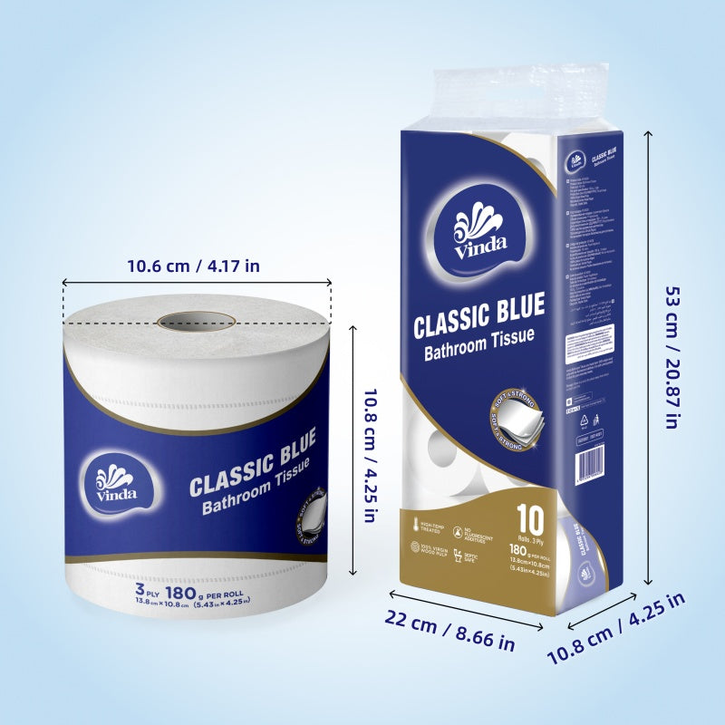 Vinda Classic Blue 3-Ply Bathroom Tissue, 100% Virgin Wood Pulp Toilet Paper, Soft & Strong, No Lint Shedding, Septic Safe, 180g/Roll, 10 Rolls Pack