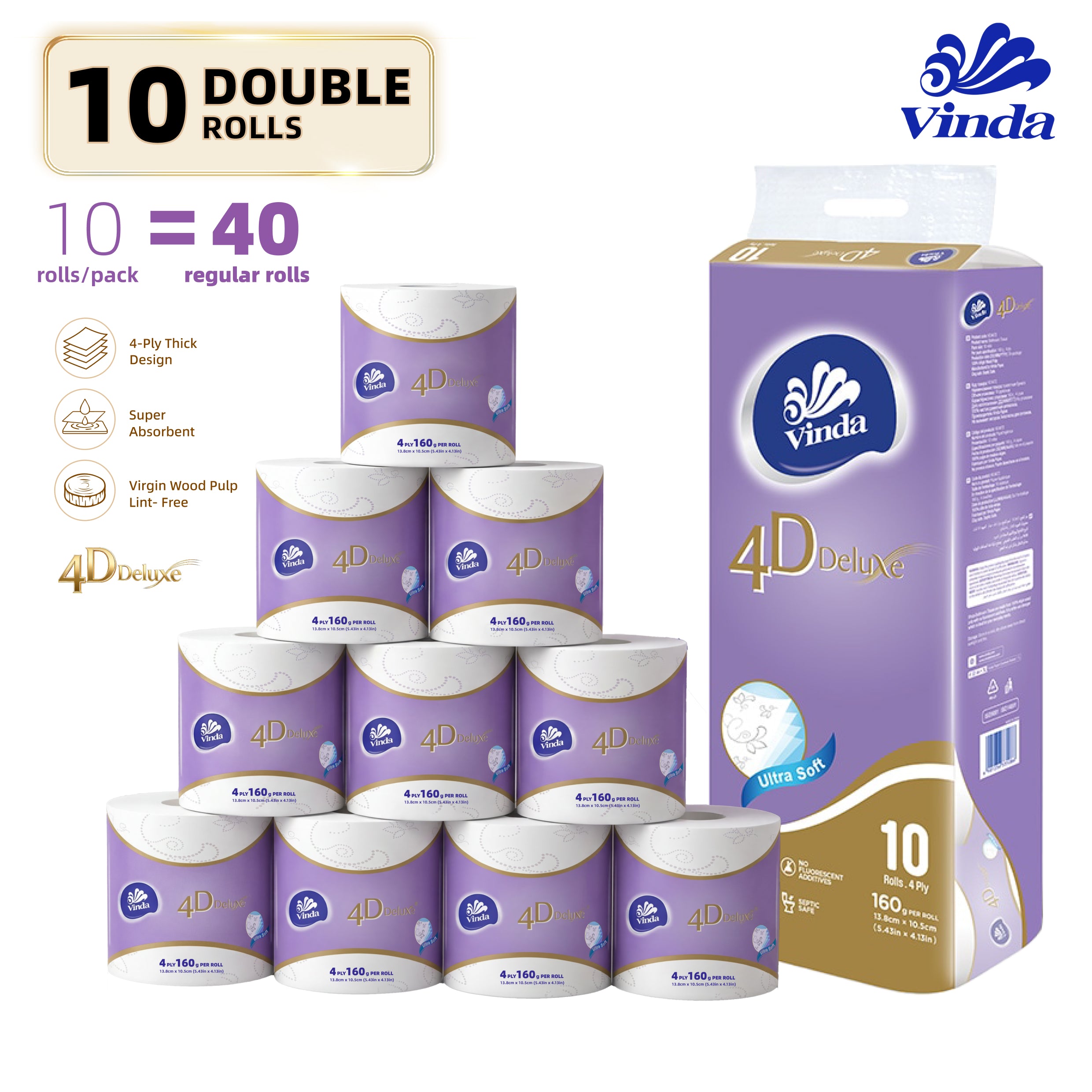 VINDA 4D Deluxe 4-Ply Ultra Soft Toilet Paper, 100% Virgin Wood Pulp Toilet Paper, Soft & Strong, No Lint Shedding, Septic Safe Bath Tissue for Home Bathroom, 10 Rolls Pack