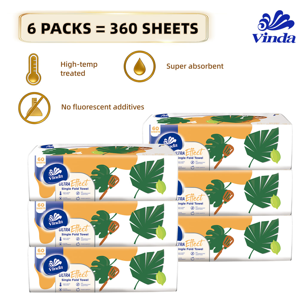 3-Ply Kitchen Paper Towels 360 Sheets (6PACK) – Ultra Absorbent Household Paper Towel, Thick Single Fold Kitchen Cleaning Paper, Strong & Durable Daily Use