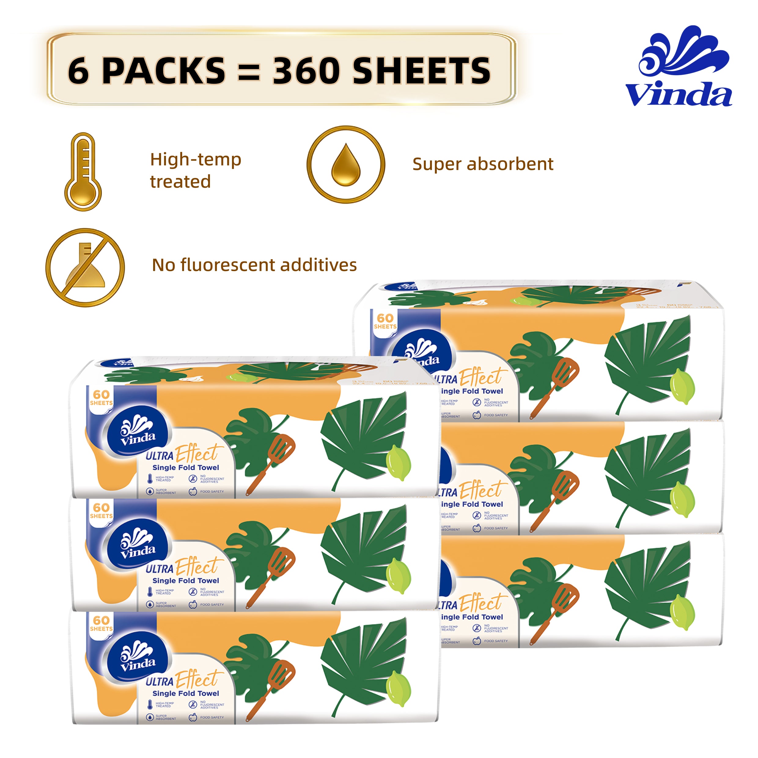 3-Ply Kitchen Paper Towels 360 Sheets (6PACK) – Ultra Absorbent Household Paper Towel, Thick Single Fold Kitchen Cleaning Paper, Strong & Durable Daily Use